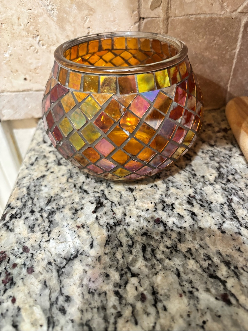 Iridescent Mosaic Glass Candle Holder - Amber and Pink